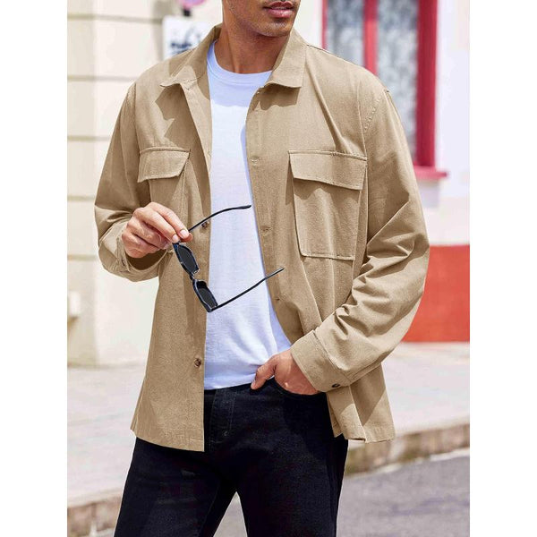 Men's Casual Solid Color Lapel Double Chest Pocket Overshirt Jacket 55514510Y