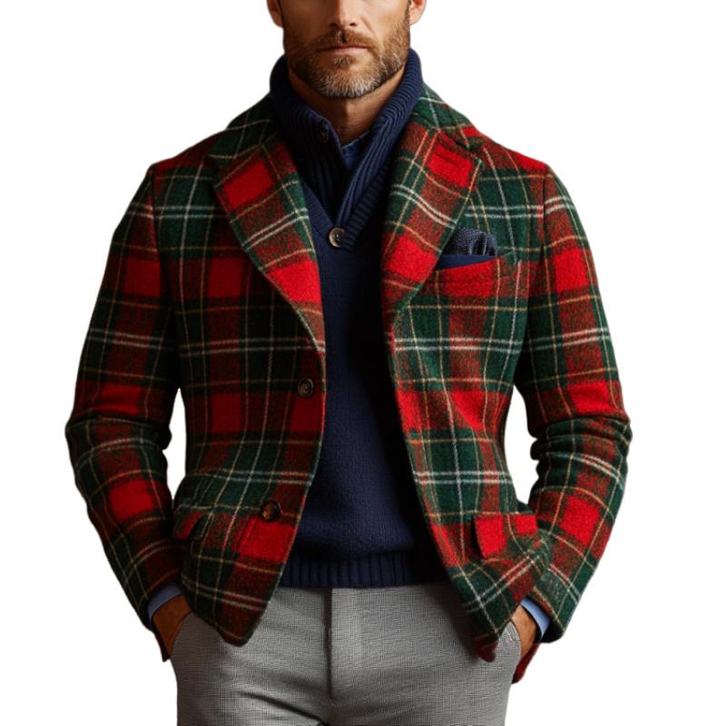 【24-hour shipping】Men's Vintage Christmas Colorblock Plaid Print Tweed Lapel Single-Breasted Blazer 25819467Y