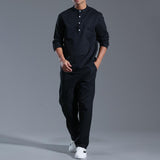 Men's Solid Cotton And Linen Henley Collar Long Sleeve Shirt Trousers Casual Set 18150687Z
