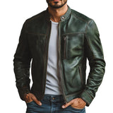 Men's Retro Motorcycle Stand Collar Multi-Pocket Leather Jacket 42238992Y