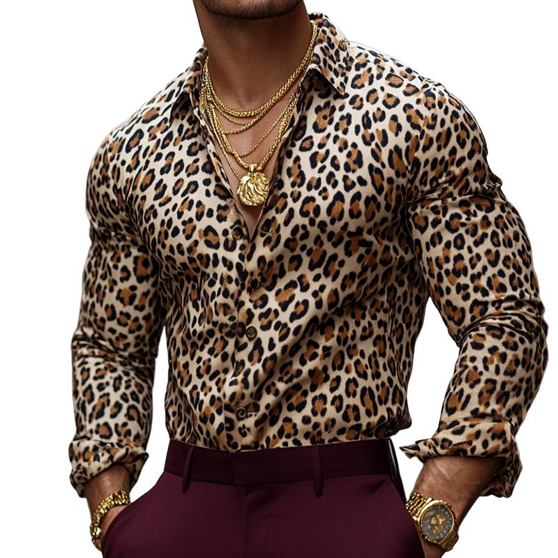 Men's Retro Casual Leopard Print Lapel Long Sleeve Shirt 25956513TO