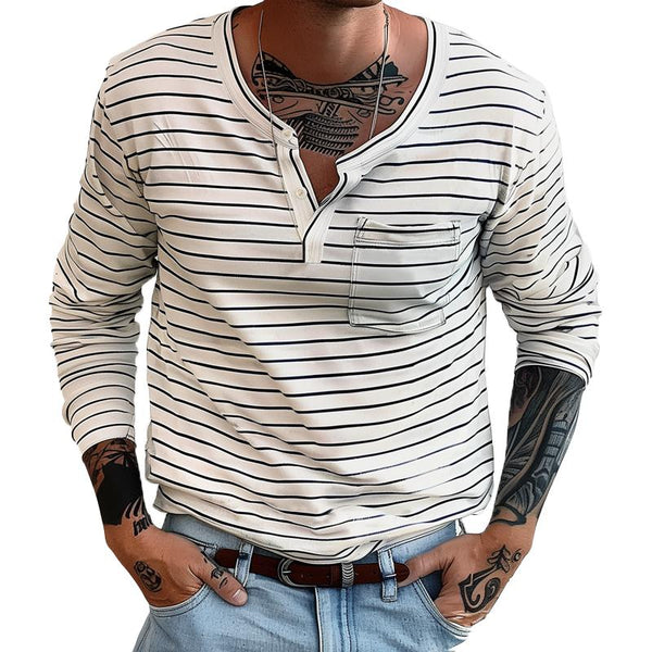 Men's Navy Style Striped Henley Collar Breast Pocket Long Sleeve T-shirt  62270724Z