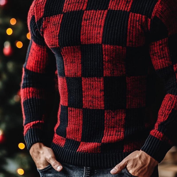 Men's Christmas Red and Black Check Crew Neck Slim Fit Sweater 40613348Y