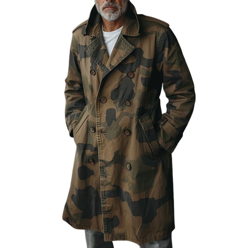 【24-hour shipping】Men's Camouflage Lapel Double Breasted Mid-length Cargo Trench Coat 89189358Z