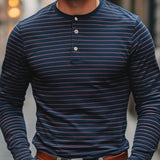 Men's Casual Cotton Blend Striped Henley Collar Slim Fit Long Sleeve T-Shirt 90795549M