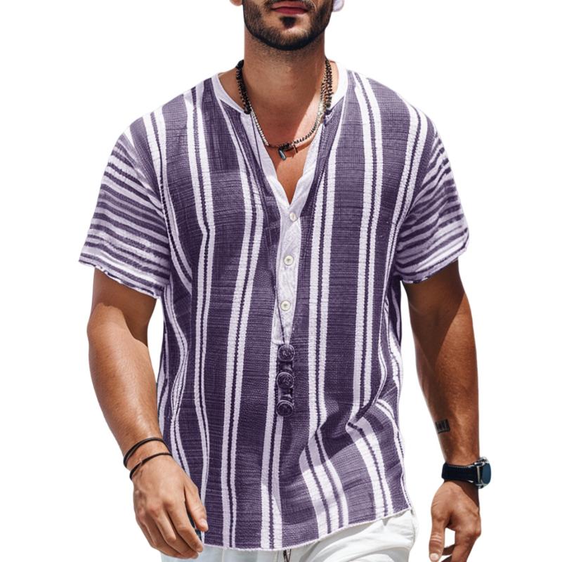 Men's Casual Stripe Print Henley Collar Loose Pullover Short Sleeve Shirt 88253401M