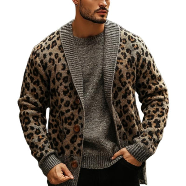 Men's Vintage Colorblock Leopard Jacquard Lapel Knit Cardigan 65321073Y