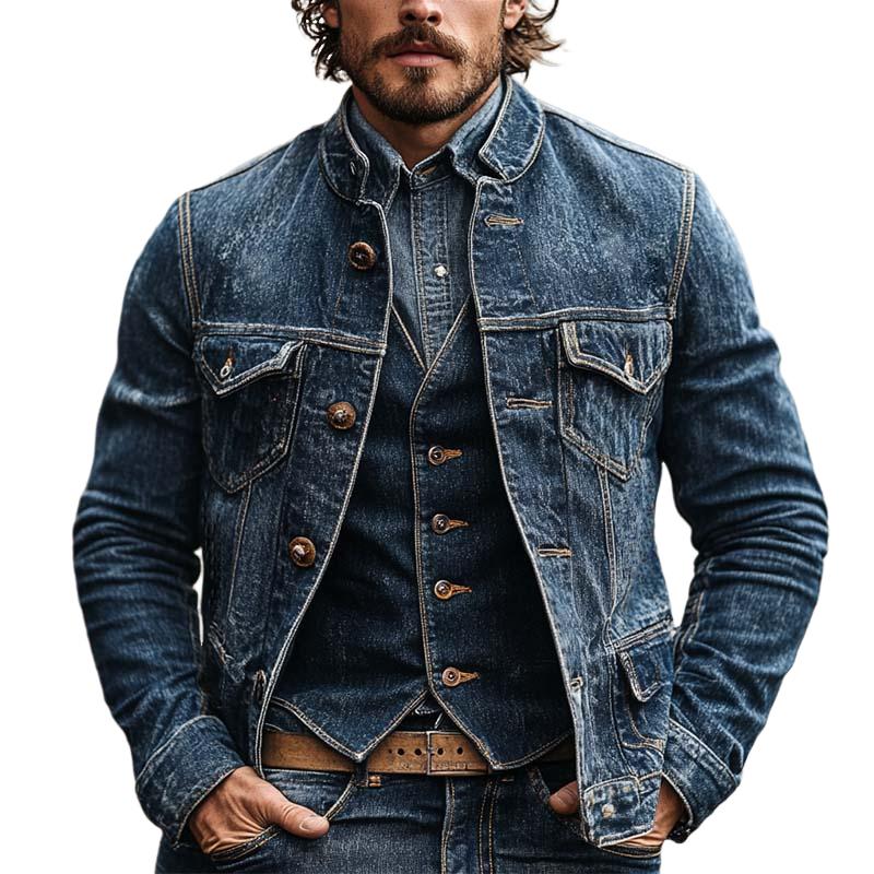 Men's Classic Casual Stand Collar Slim Fit Denim Jacket 65554517K