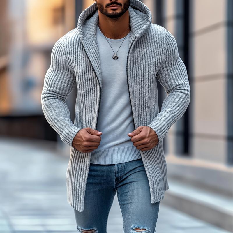 Modische Strickjacke für Herren mit Kapuze, einfarbig, gestreift, langen Ärmeln, mittellang, 36050893Z