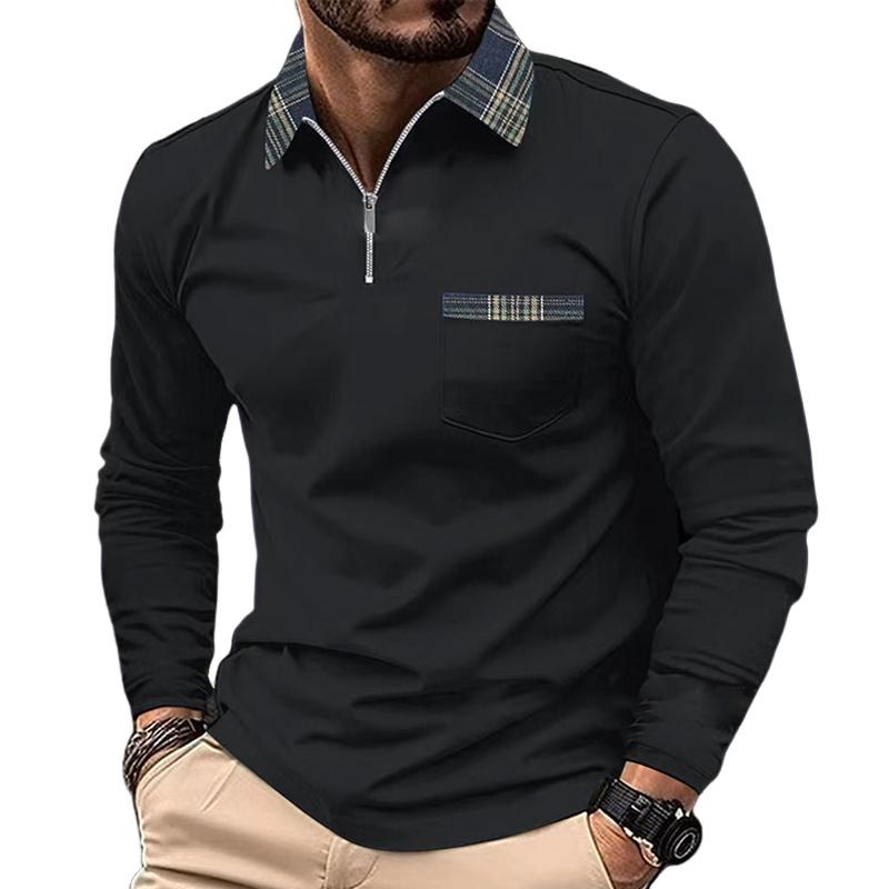 Polo à manches longues pour homme avec imprimé écossais, coutures, fermeture éclair, poche à revers, 36931085Y