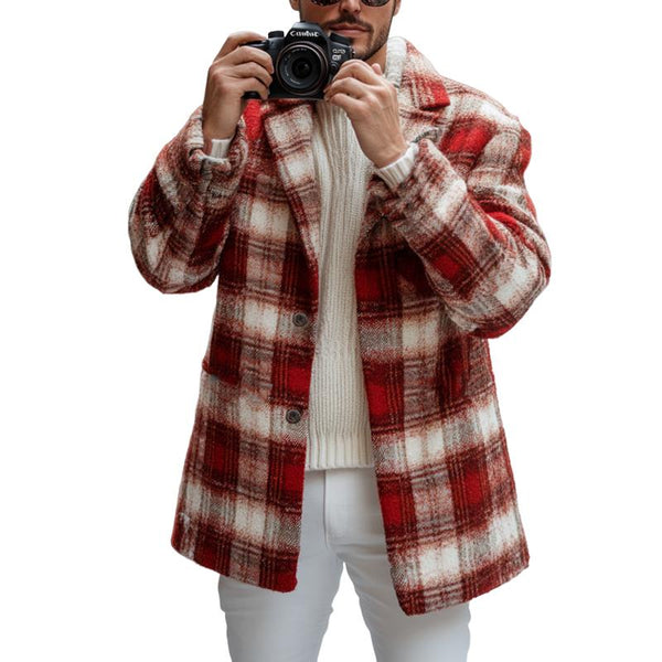 Men's Retro Red Plaid Print Short Coat 76625894U