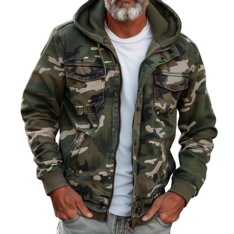 Chaqueta cargo con capucha y múltiples bolsillos con cremallera y diseño de camuflaje para hombre 69249000Z