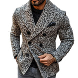 Men's Vintage Leopard Jacquard Peak Lapel Double Breasted Knitted Blazer Cardigan 13584078Y