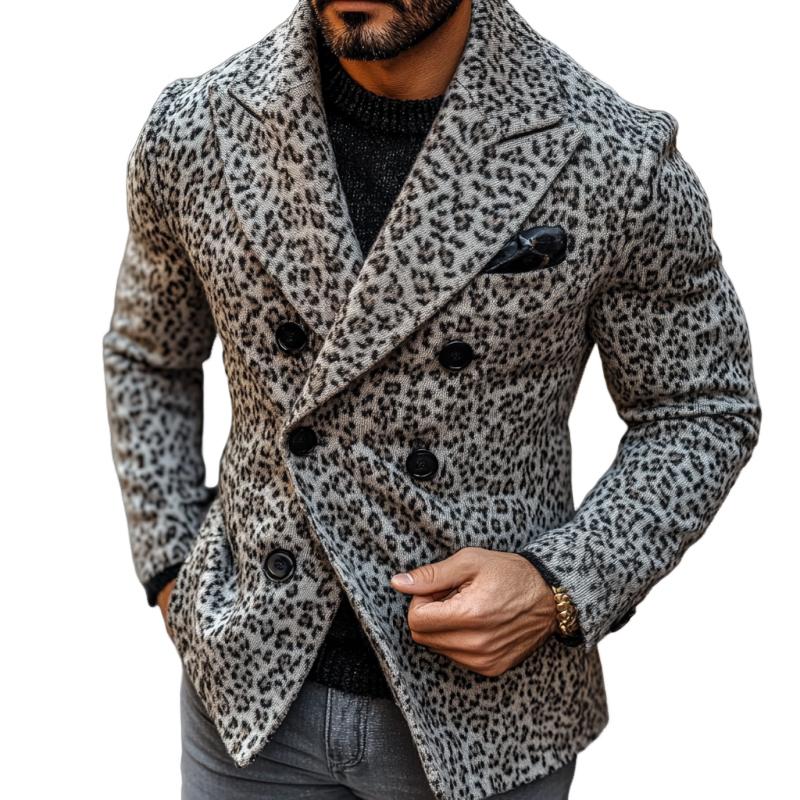 Men's Vintage Leopard Jacquard Peak Lapel Double Breasted Knitted Blazer Cardigan 13584078Y