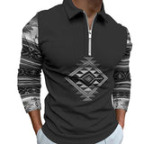 Men's Casual Geometrical Printed Lapel Long Sleeve Polo Shirt 19039353M