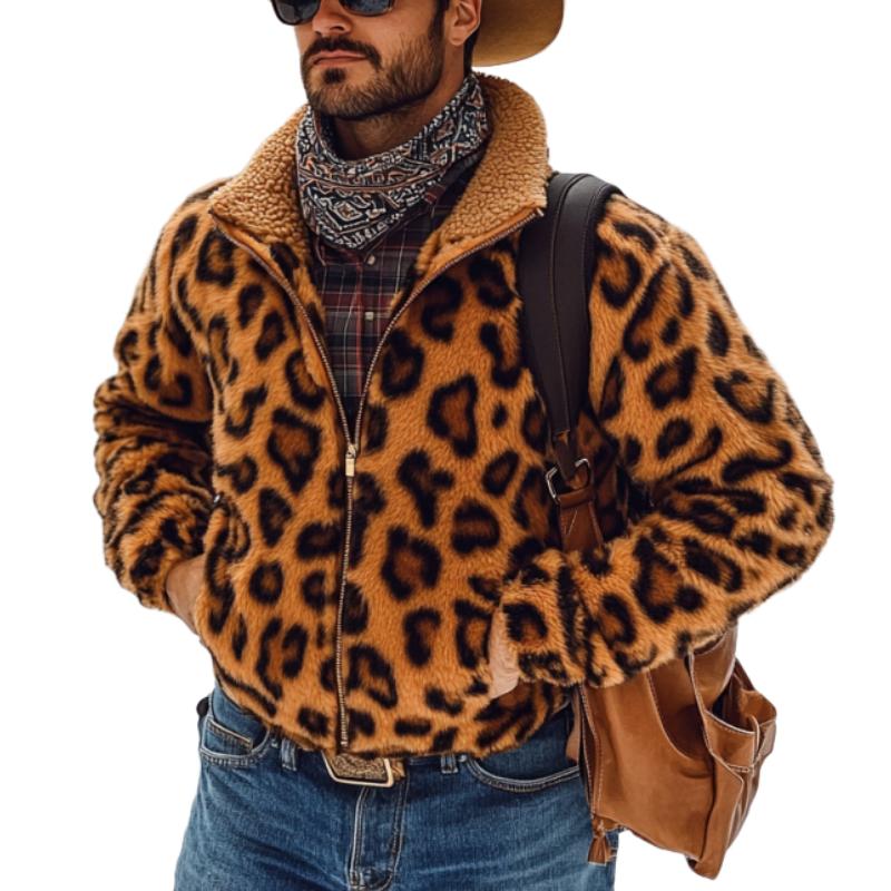 Men's Vintage Leopard Plush Warm Zipper Coat 79394438Y