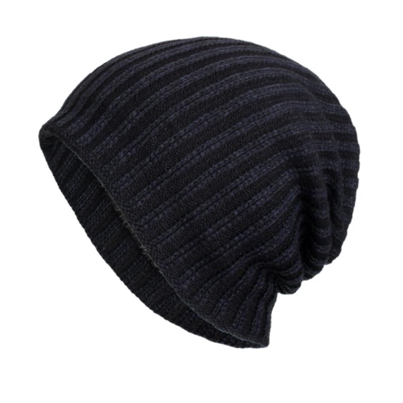 Men's Retro Two-tone Vertical Stripes Cable Flannel Lining Warm Knitted Hat 91885808Y