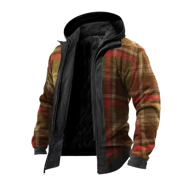 Men's Retro Casual Plaid Hooded Fake Two-Piece Jacket 04368278TO