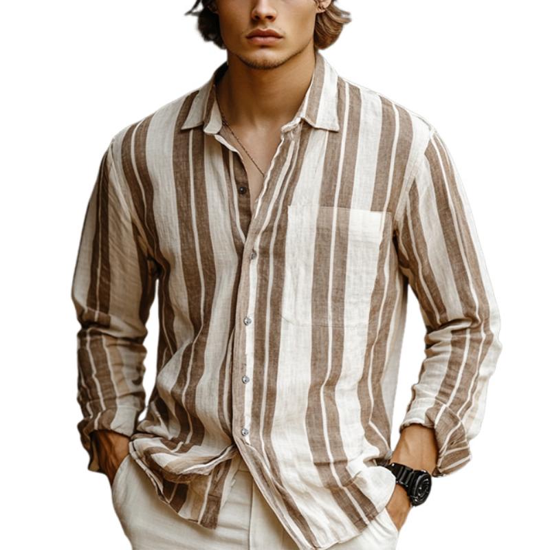 Men's Classic Casual Vertical Striped Linen Long Sleeve Shirt 11251252K