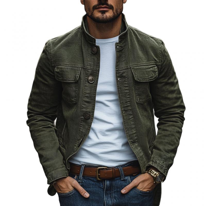 Men's Vintage Washed Cotton Canvas Stand Collar Single Breasted Slim Fit Jacket 10291803M