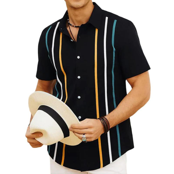 Men's Striped Printed Lapel Short Sleeve Shirt 82123986Y