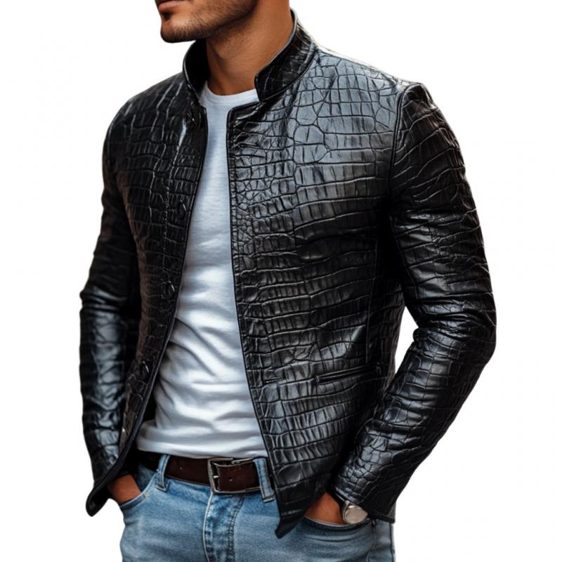 Men's Fashion Crocodile Leather Stand Collar Single Breasted Slim Fit Jacket 22007630M