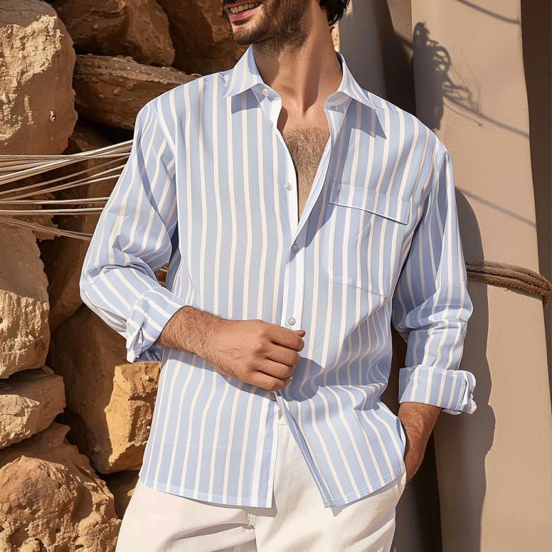 Men's Casual Cotton Blend Lapel Flap Pocket Slim Fit Long Sleeve Shirt 54192923M