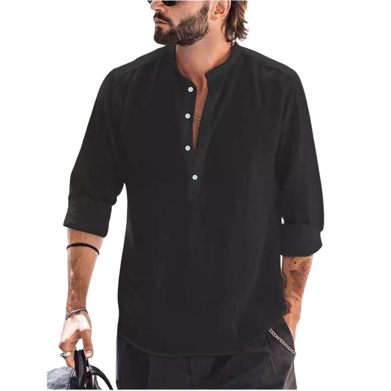 Men's Classic Casual Stand Collar Solid Color Bamboo Cotton and Linen Long Sleeve Shirt 19376731K