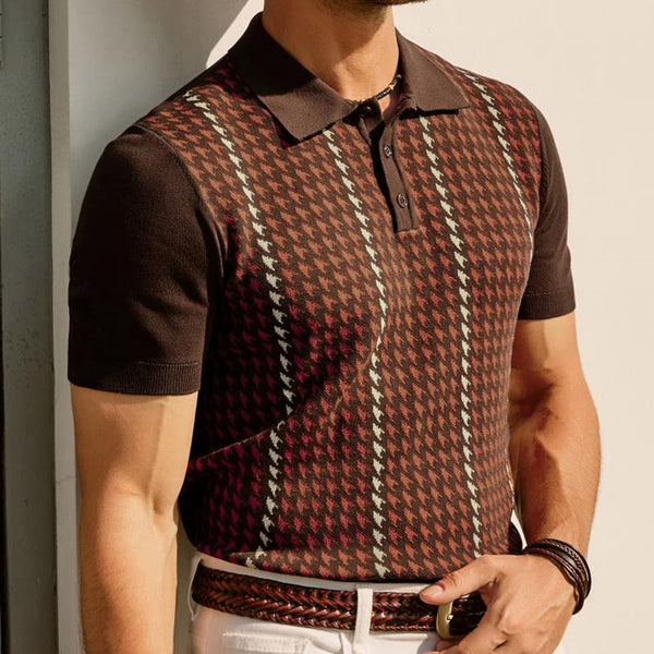 Men's Vintage Houndstooth Jacquard Cool Silk Knit Short Sleeve Polo Shirt 98615184M