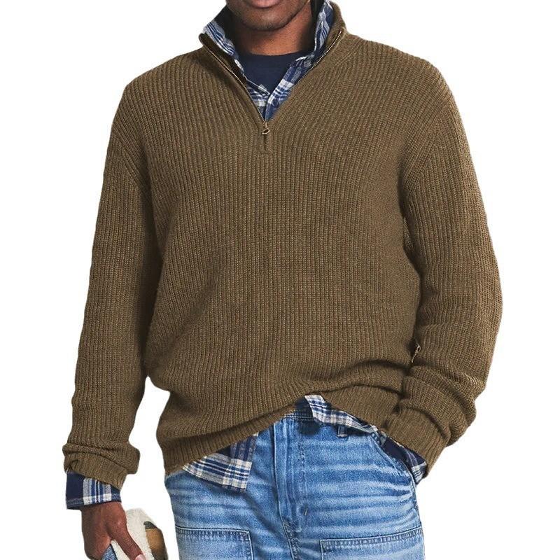 Men's Solid Color Loose Zipper Stand Collar Long Sleeve Knit Sweater 96215971Z