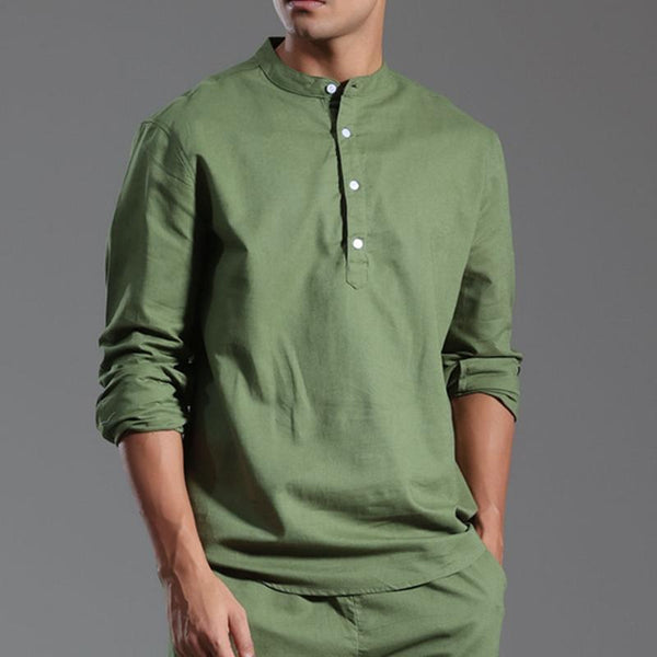 Men's Solid Cotton And Linen Henley Collar Long Sleeve Shirt 53055923Z