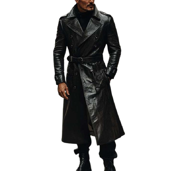 Men's Vintage Classic Casual Calf-Length Leather Trench Coat 99424395K