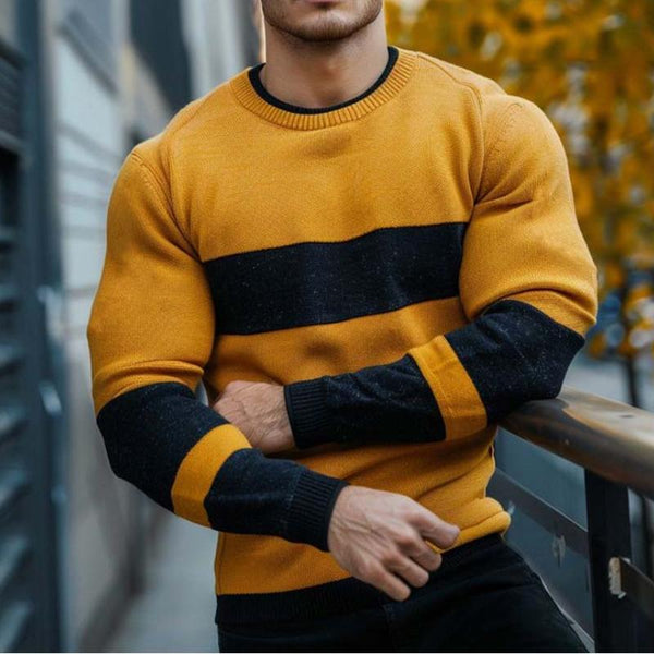 Men's Classic Casual Round Neck Pullover Contrast Color Long Sleeve Sweater 34985535K