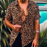 Men's Fashion Leopard Print Lapel Loose Short Sleeve Shirt 25338773M