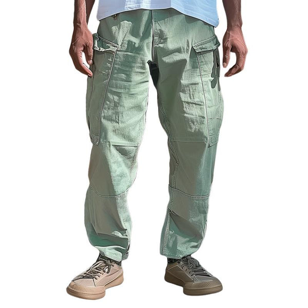 Men's Solid Cotton Multi-pocket Straight Loose Cargo Pants 19677235Z