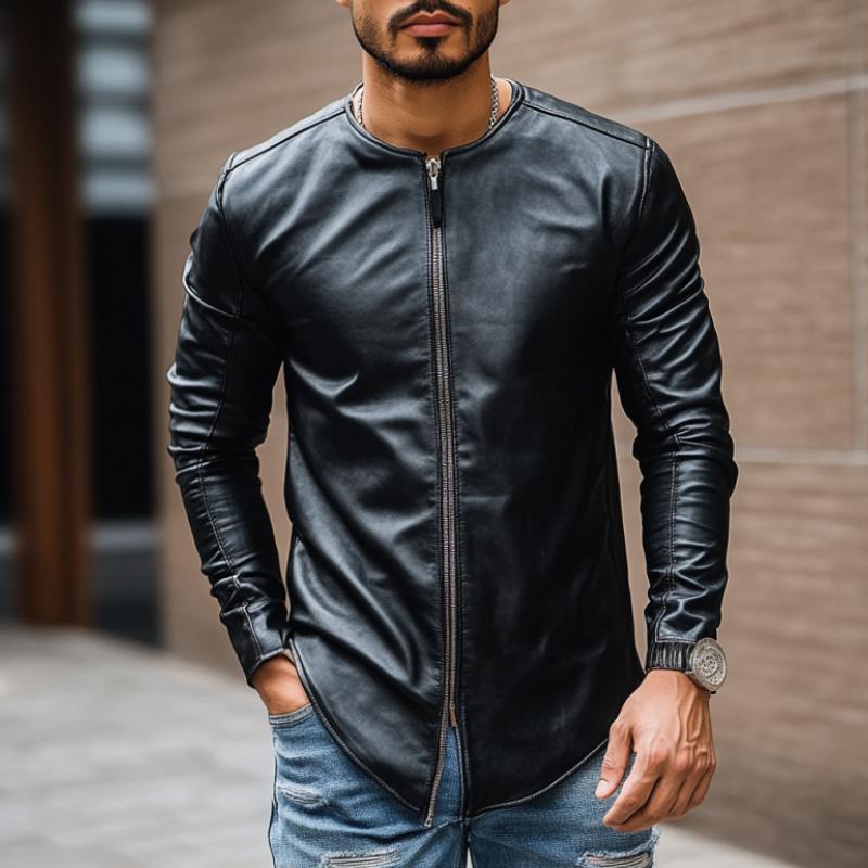 Men's Casual Fashion Round Neck Zipper Slim Leather Long Sleeve T-Shirt 28731356K