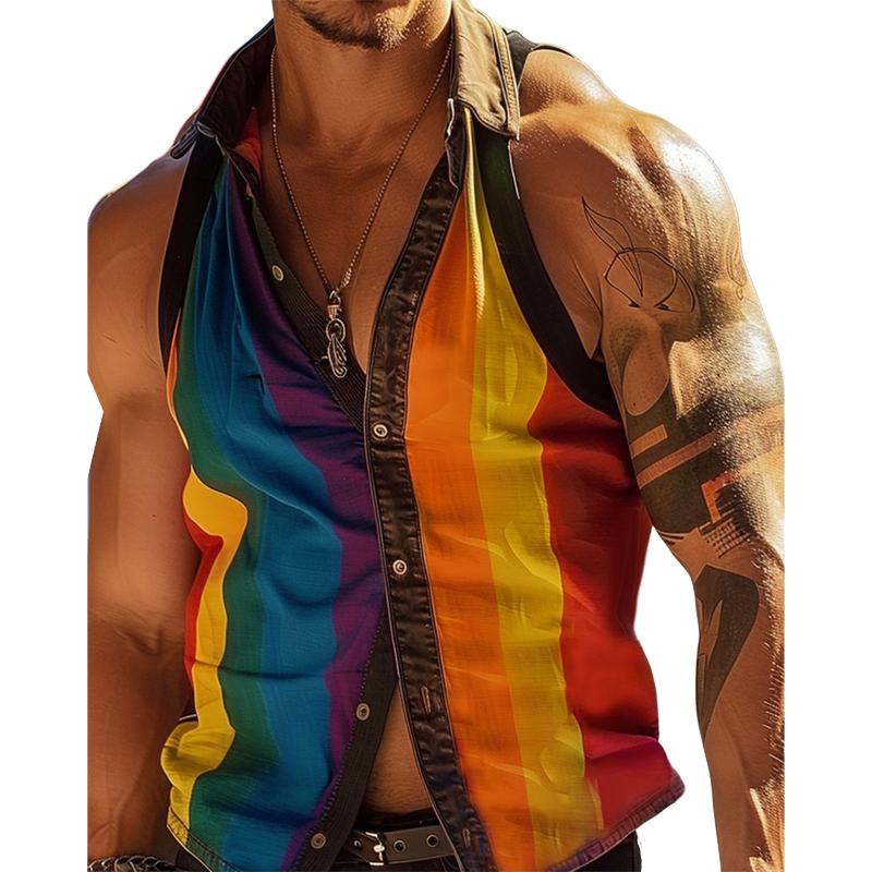 【24-hour shipping】Men's Rainbow Striped Patchwork Lapel Sleeveless Slim Fit Shirt 92147239Y