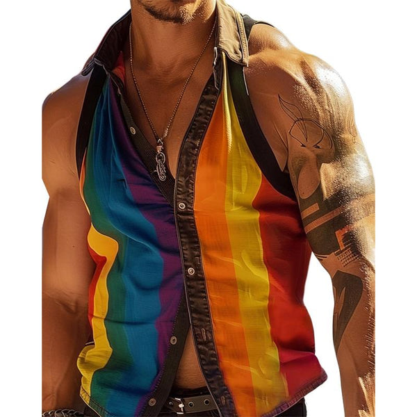 Men's Rainbow Striped Patchwork Lapel Sleeveless Slim Fit Shirt 92147239Y