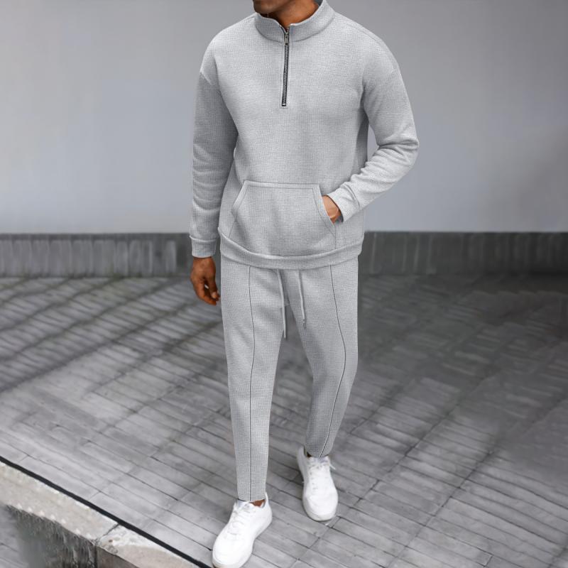 Men's Casual Waffle Zipper Stand Collar Long Sleeve Sweatshirt Sports Pants Set 29559493M