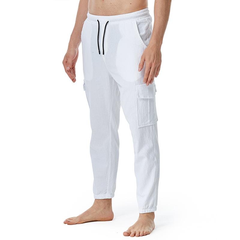 Men's Solid Cotton Linen Multi-pocket Casual Trousers 13720992Z