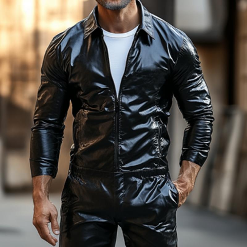 Men's Classic Fashion Leather Suit Long Sleeve Zipper Shirt Casual Pants 78156900K