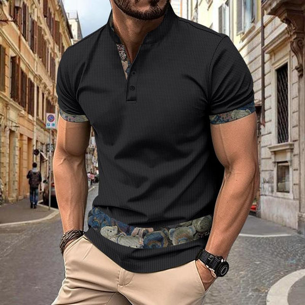 Men's Casual Waffle Stand Collar Patchwork Short-sleeved T-shirt 68823593M