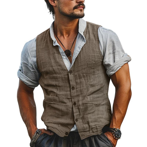 Men's Cotton and Linen Solid Color V-Neck Vest 87520569X