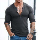 Men's Casual Solid Color Henley Collar Slim Fit Long Sleeve T-Shirt 33317439M