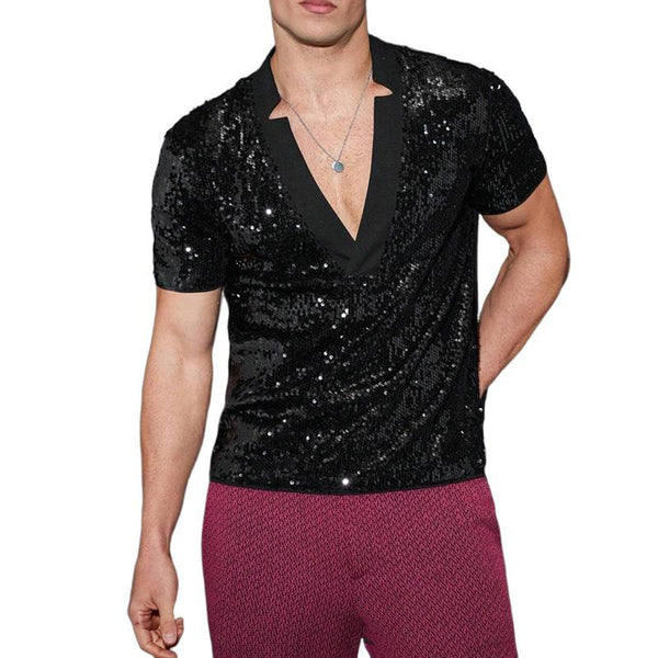Men's Solid Color Sequined V-Neck Short-Sleeved T-Shirt 70280679Y