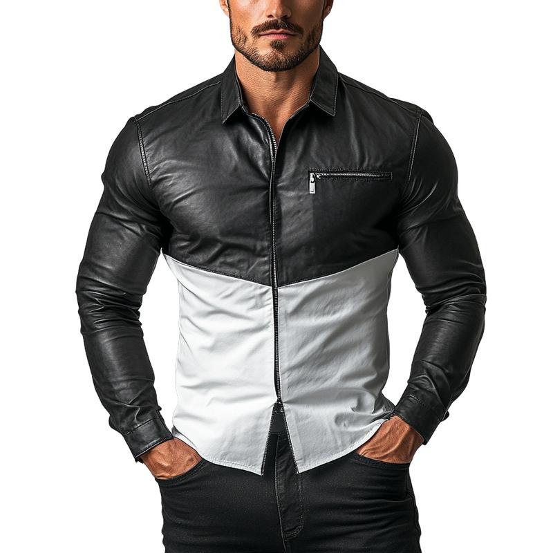 Men's Fashion Colorblock Lapel Zipper Slim Fit Long Sleeve Leather Shirt 37990195Y