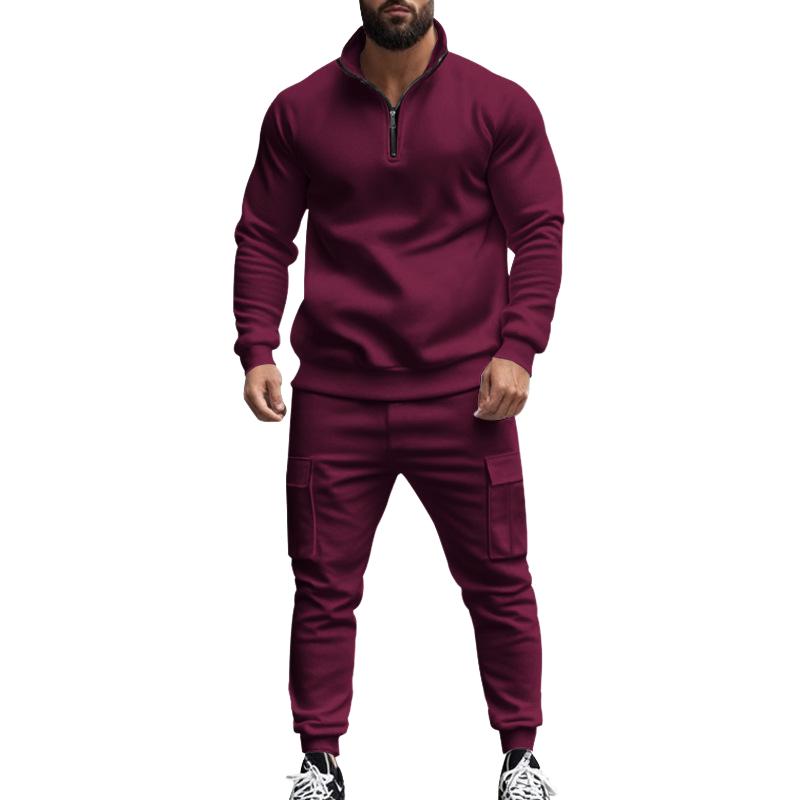 Men's Solid Color Casual Plush Warm Zipper Stand Collar Sweatshirt Sweatpants Set 08038864Y