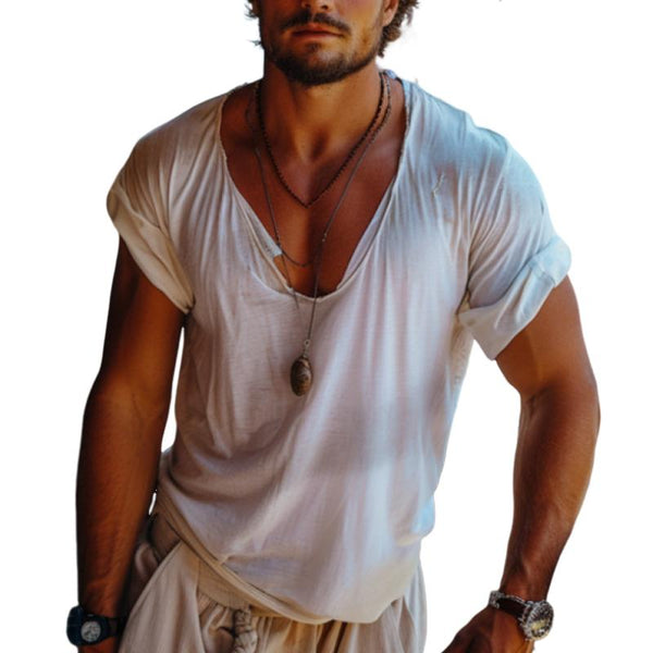 Men's Casual V-neck Thin Cotton Blended Short Sleeve T-shirt 33876844M