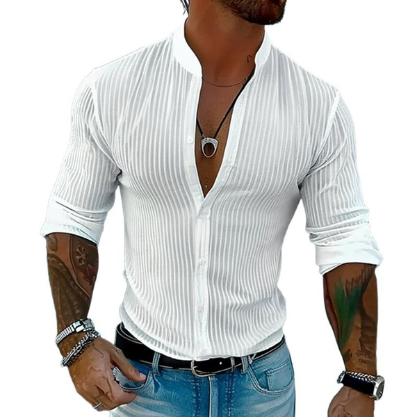 Men's Solid Color Striped Stand Collar Long Sleeve Shirt 02190812Z