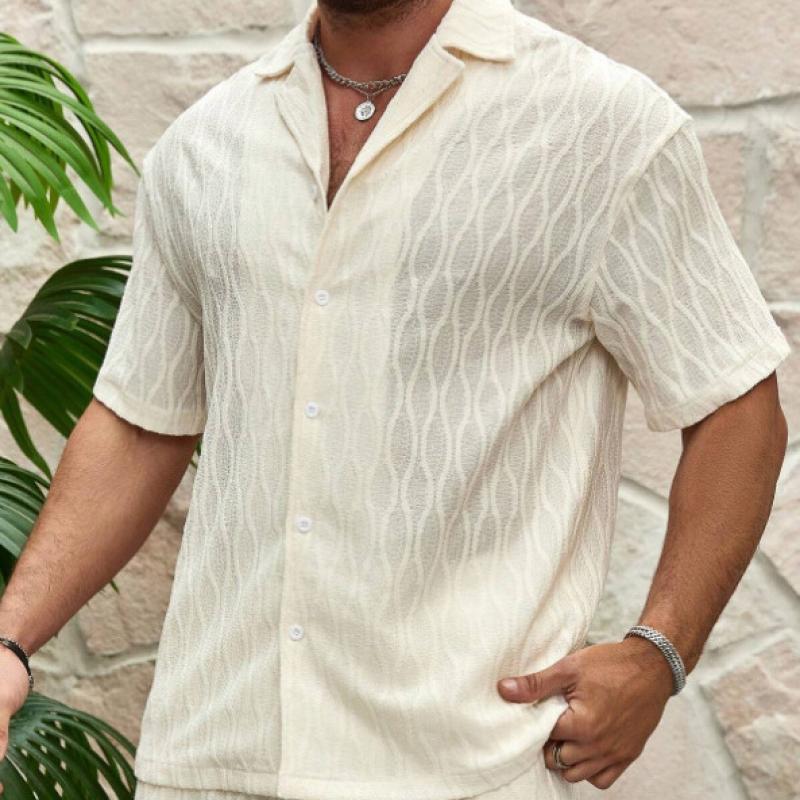 Men's Casual Solid Color Cuban Collar Short Sleeve Shirt 67889318Y